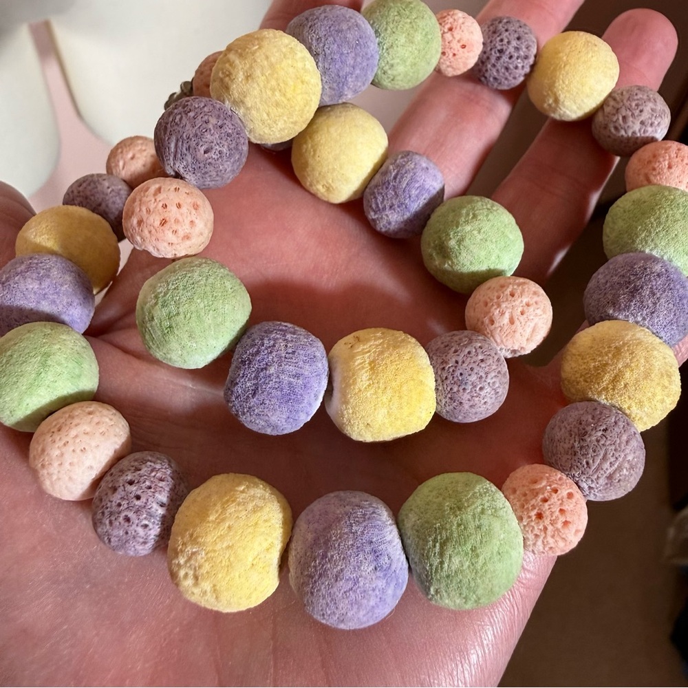 Vintage Real Coral Lavender yellow green Hawaiian Beaded Necklace 17in